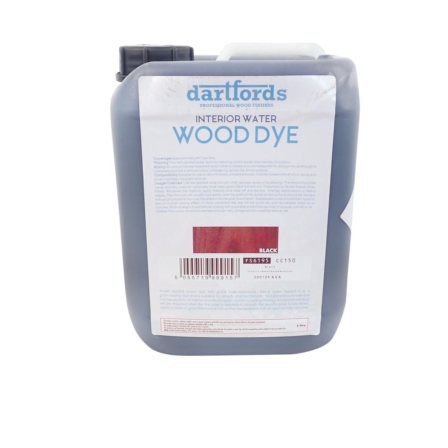 dartfords Black Interior Water Based Wood Dye - 5 litre Jerrycan